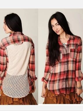 FREE PEOPLE Red Plaid Lace-Back Button-Up Shirt
